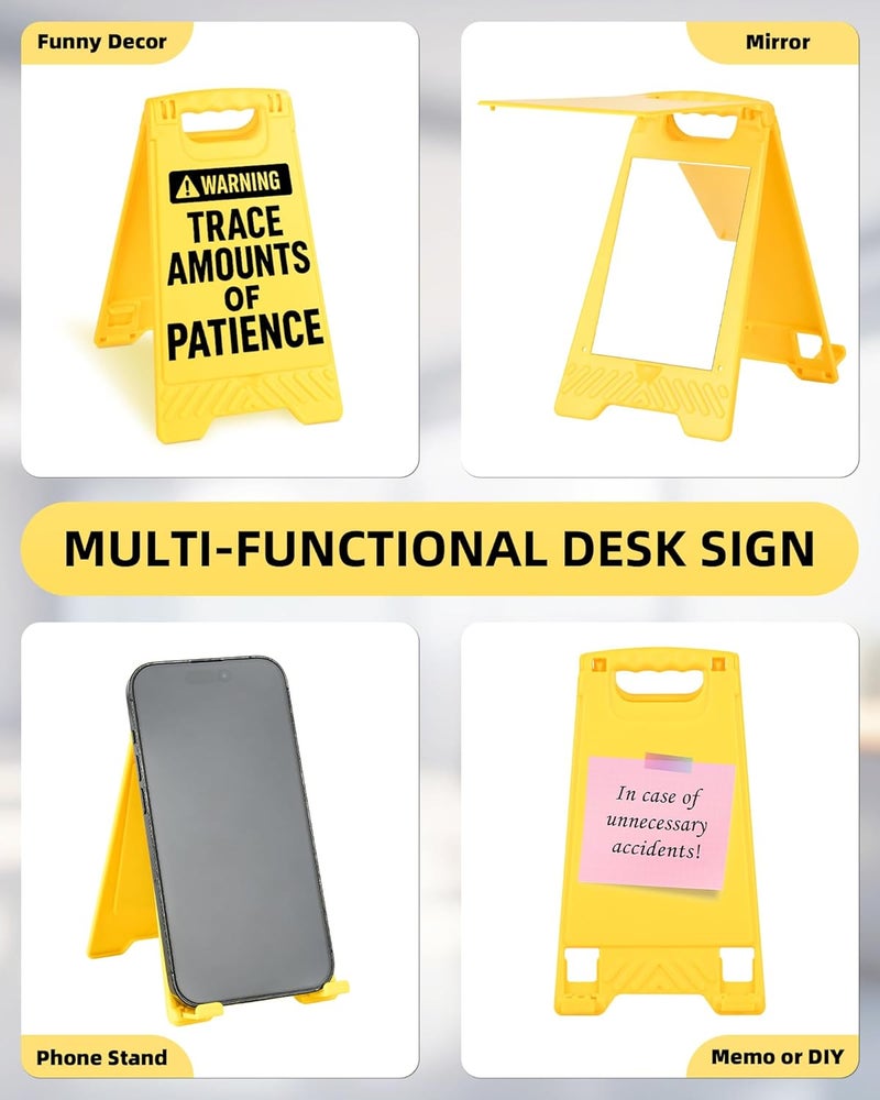EXUBERIUM Warning Trace Amounts of Patience Funny Reminder Desk Sign Yellow Warning Style Office Table Decorative Gift for Coworkers Friends Home Workspace Phone Holder Mirror Acrylic Cubicle Tabletop Sign - Image 3